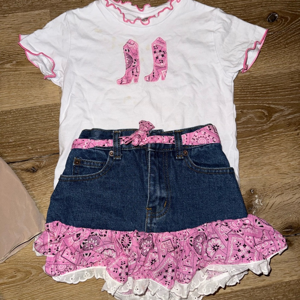 White Tee with Pink Bandana Boot Applique & Denim Skirt Set
